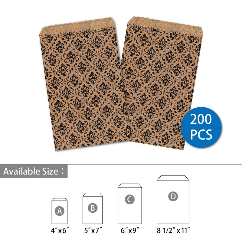 MOOCA 200 Pcs Damask Paper Gift Bags, Small Business, Jewelry, Candy, Popcorn, Cookie & Treat Bags - 4 W x 6 H in, Brown with Black Damask - Image 3